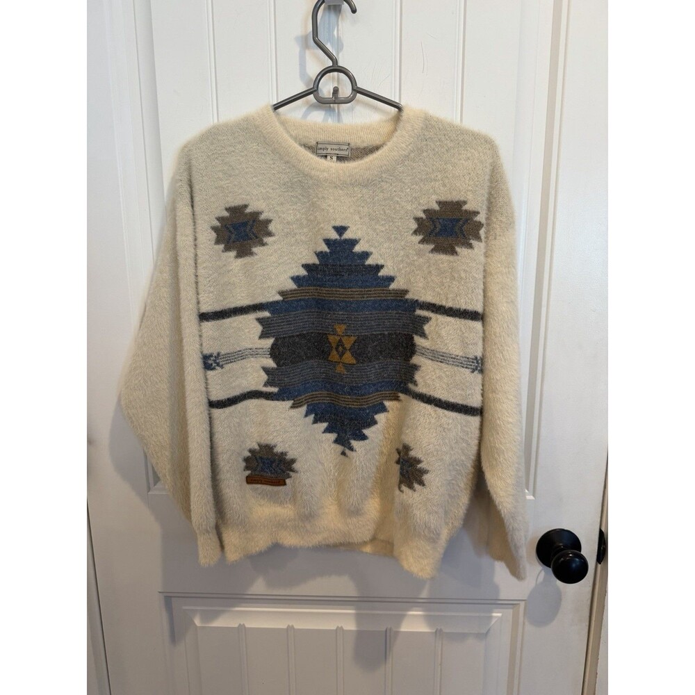 Simply Southern Sweater Fuzzy Southwestern Aztec Geometric Cream Pullover